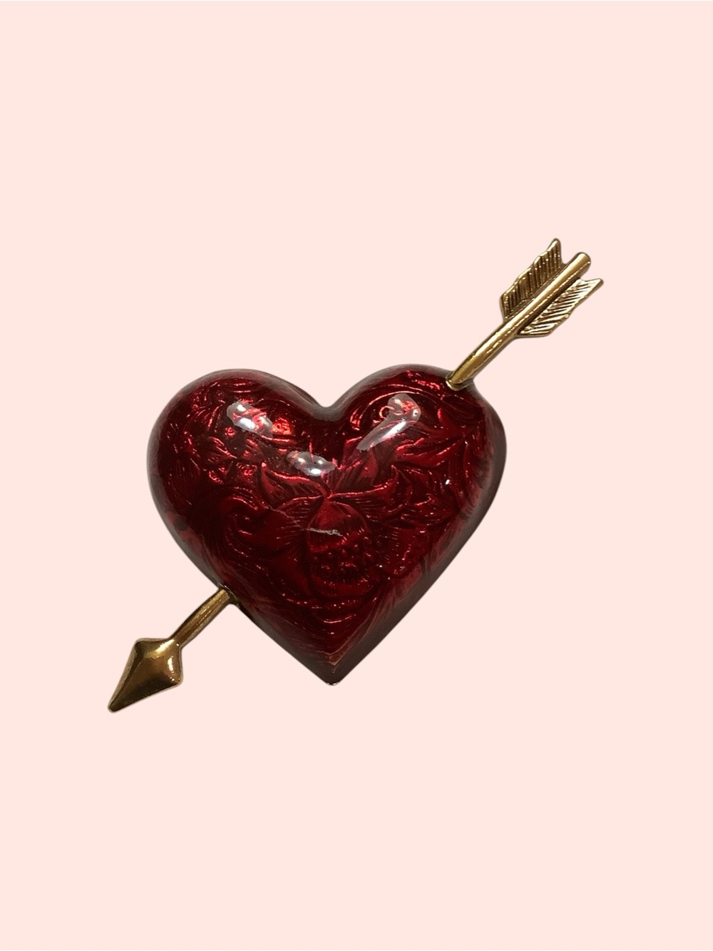 Avon 1995 Hearts Afire Brooch 2" Vintage Guilloche Enamel Red Puffy Pin Arrow